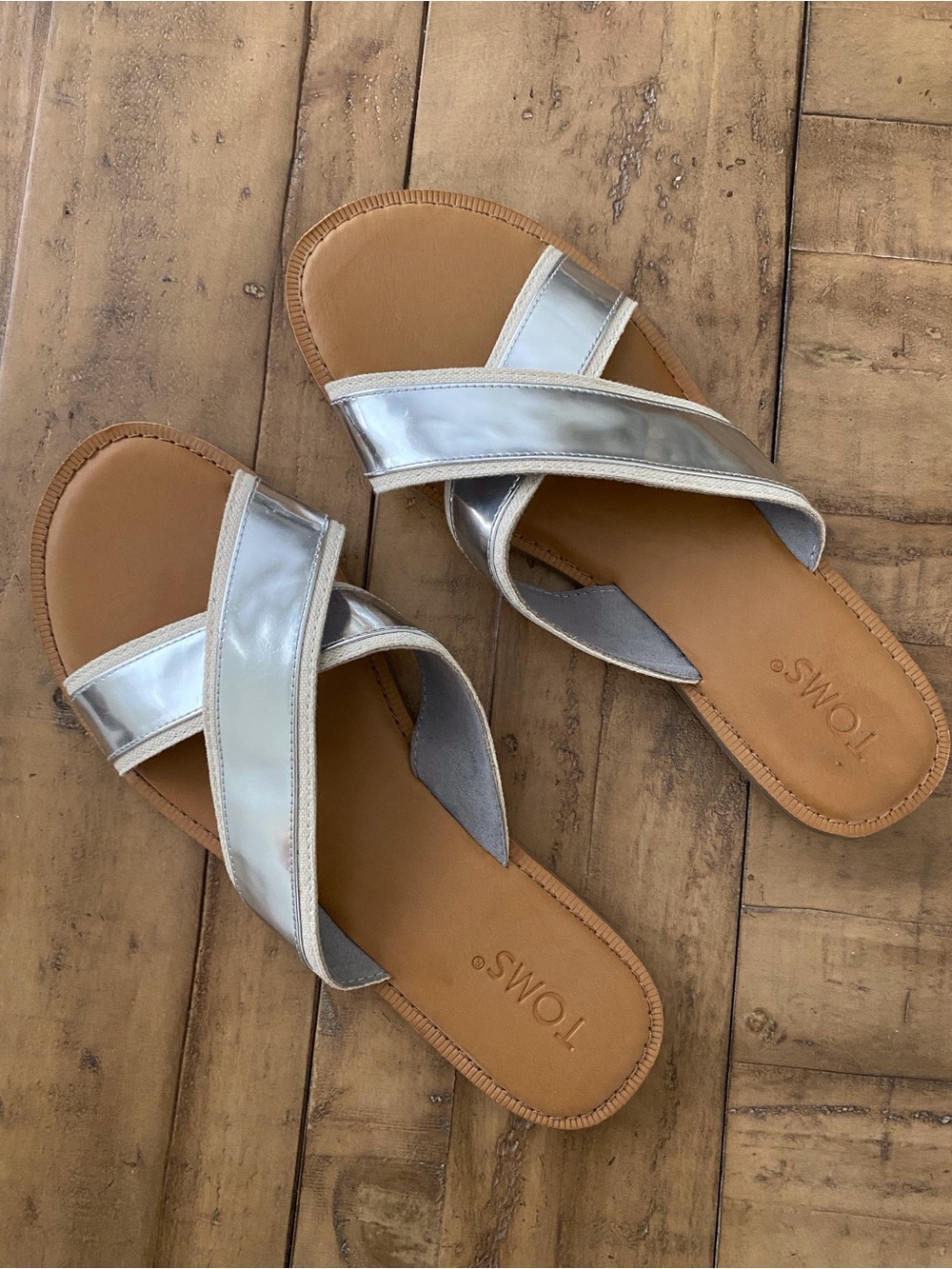 TOMS Metallic Silver Viv Crisscross Slide Sandals for Women